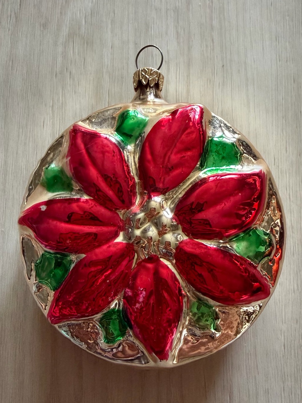 Vintage West Germany 4" Double Sided Poinsettia Glass Christmas Round Ornament